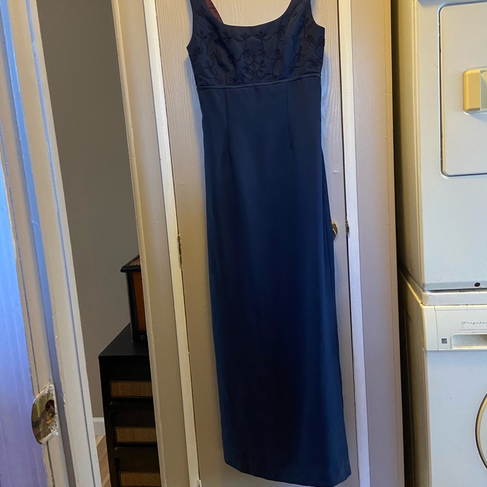 Full length navy blue cocktail dress
